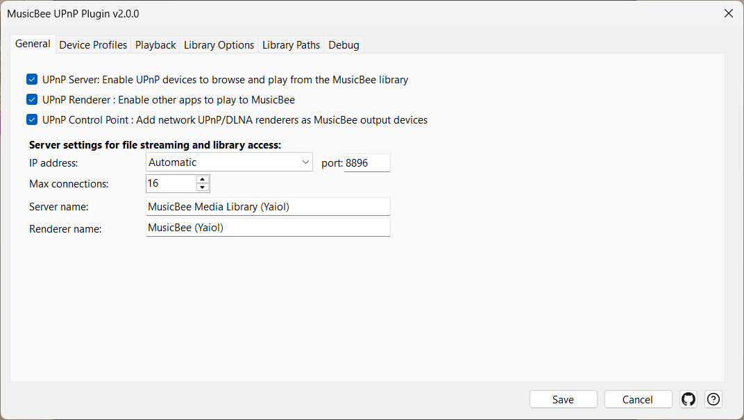 The General tab — the three role switches and the server settings
