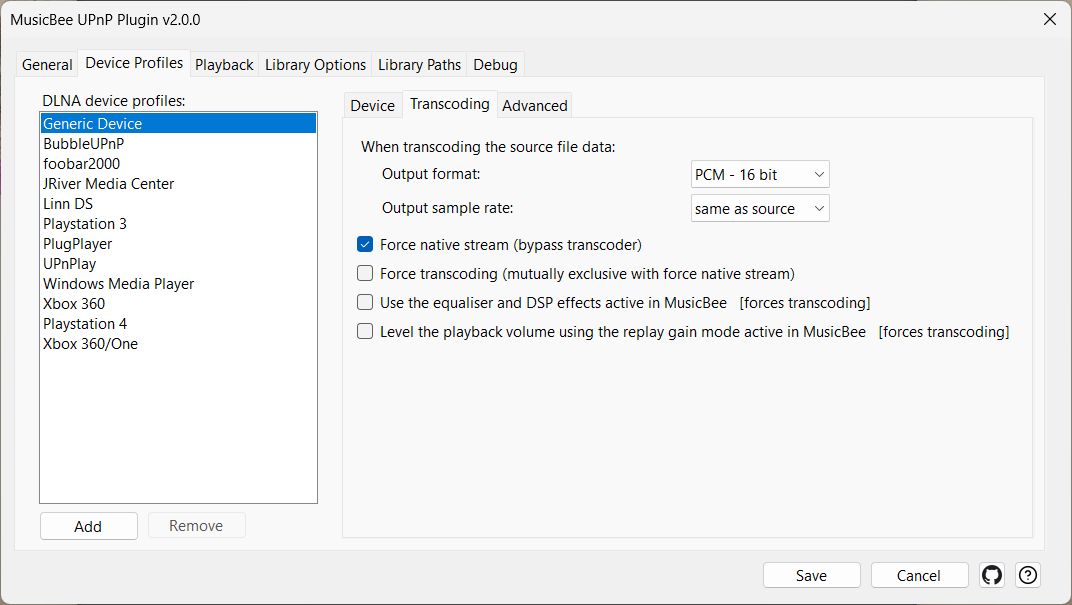 Device Profiles — the Transcoding sub-tab