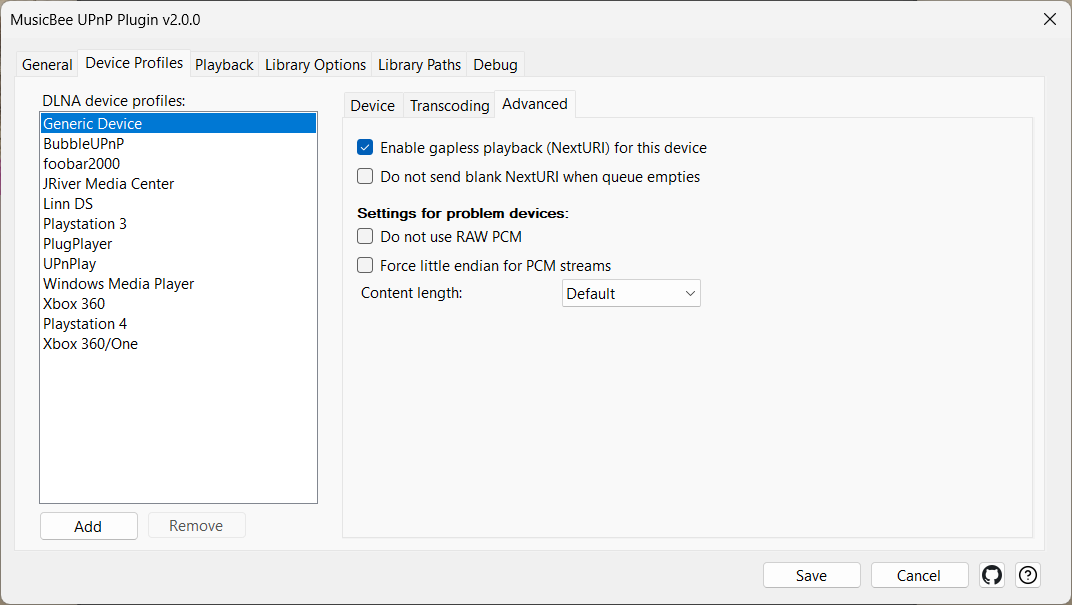 Device Profiles — the Advanced sub-tab, the problem-device switches