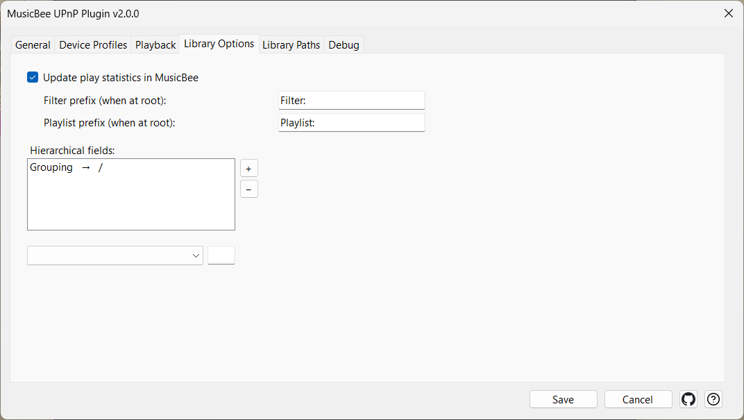 The Library Options tab — prefixes and hierarchical fields