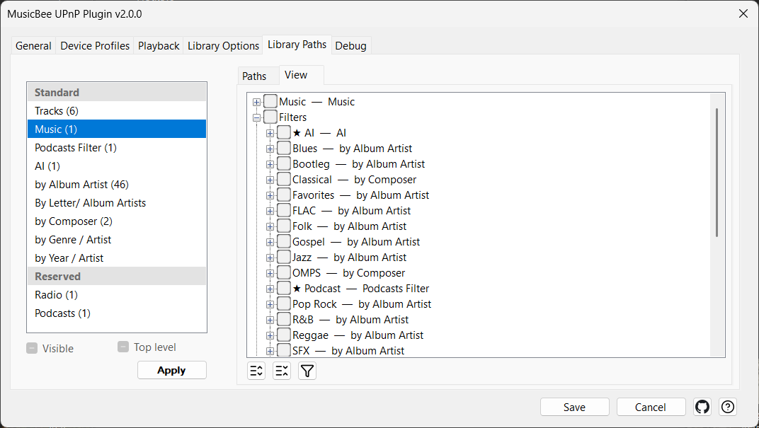 Library Paths — the View sub-tab, the exposed tree as a checklist