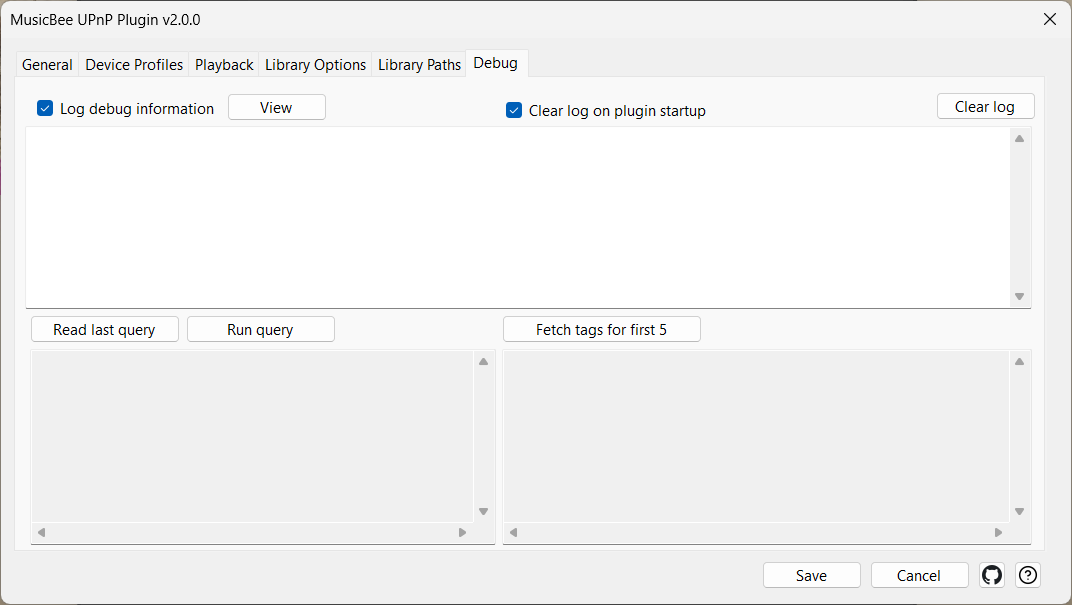 The Debug tab — logging and the low-level query tools